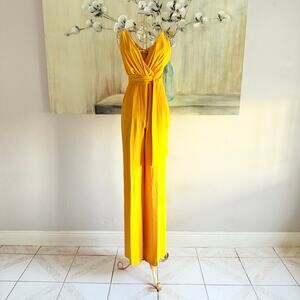 JAYGODFREY Yellow Wide Leg Jumpsuit Size 6 Plunging V Neck Tie Waist Formal